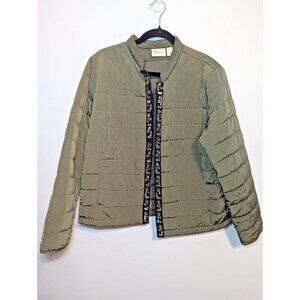 Chicos Womens Size Large Green Quilted Jeweled Puffer Jacket Open Front Pockets